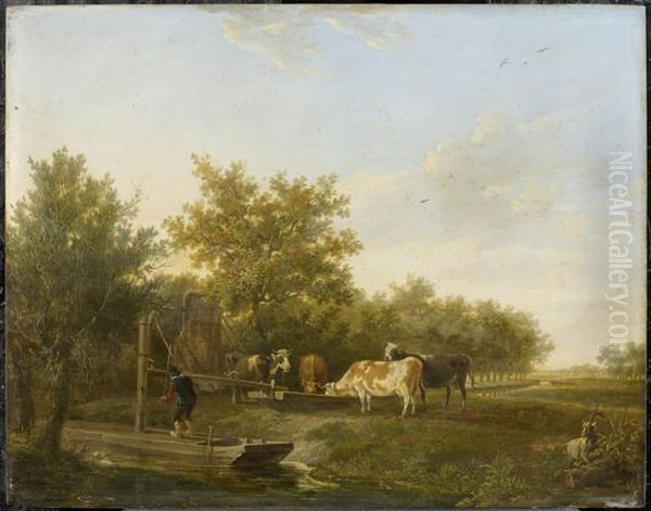Cows Drinking From
A Trough Oil Painting by Janbaptist Ii Kobell