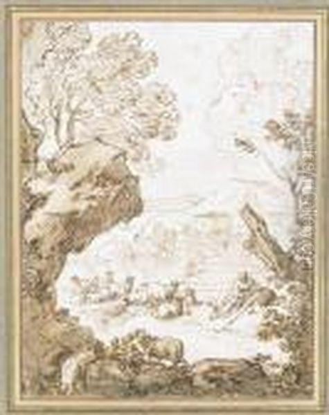 Berger Et Troupeau Dans Un Paysage Oil Painting by Janbaptist Ii Kobell