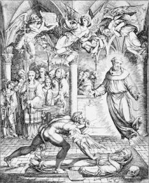 Der Kampf Des Heiligen 
Franziskus Mit Dem Teufel Um Die Seele Des Grafen Guido Von Montefeltro. Oil Painting by Joseph Anton Koch