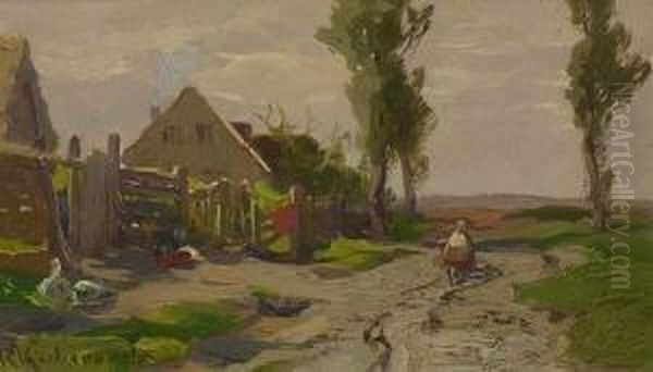 Bauernhauser An Der
 Landstrase. Oil Painting by Roman Kochanowski