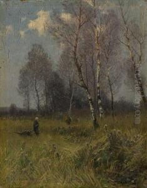 Reisigsammlerin Im
 Birkenwald. Oil Painting by Roman Kochanowski