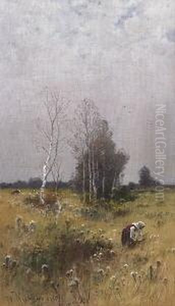 Reisigsammlerin In
 Moorlandschaft. Oil Painting by Roman Kochanowski