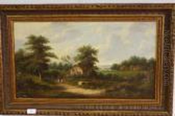 Figuren Bij Boerderij Op Het Engelse Platteland Oil Painting by Johannes Hermanus Koekkoek Snr