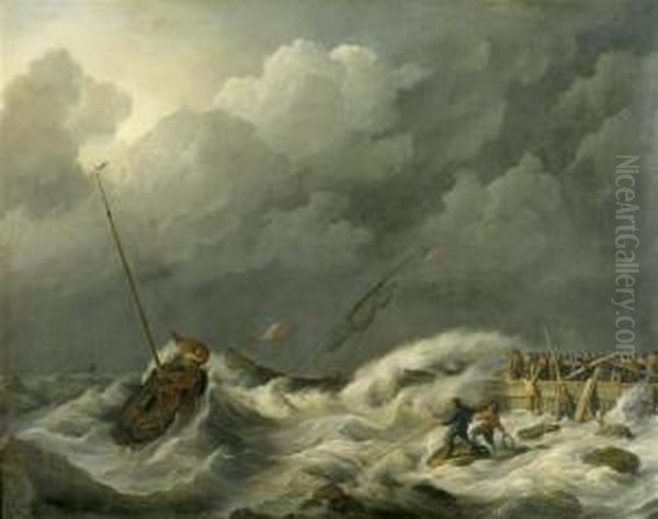 Boats In The Storm In Front Of A Mole Oil Painting by Johannes Hermanus Koekkoek Snr