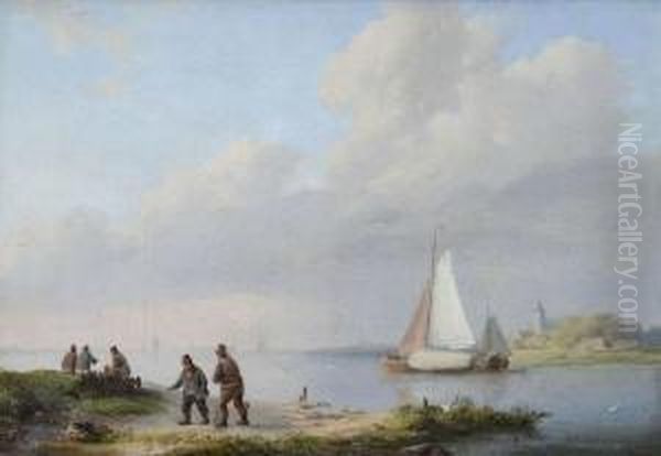 River Landscape With Figures And Sloop Oil Painting by Johannes Hermanus Koekkoek Snr