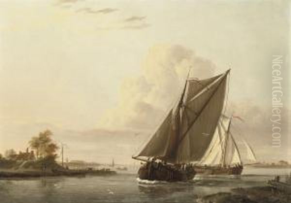 Sailing Vessels On A Calm Oil Painting by Johannes Hermanus Koekkoek Snr