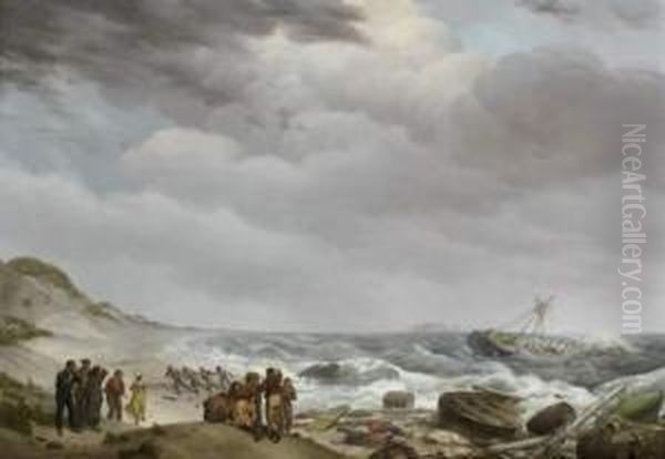 Les Rescapes De L'eclair D'anvers Sur Une Plage Oil Painting by Johannes Hermanus Koekkoek Snr