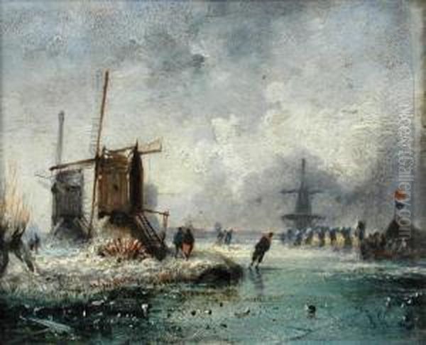 Skaters On A Frozen River By Windmills Oil Painting by Johannes Hermanus Koekkoek Snr