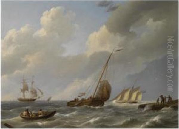 Dutch And British Boats On Choppy Waters Oil Painting by Johannes Hermanus Koekkoek Snr