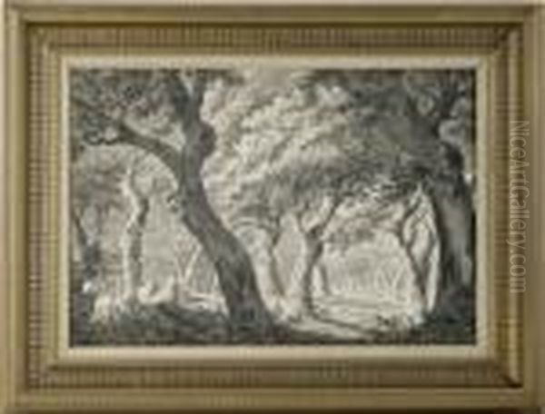 H.b.k Skogslandskap Med Far Oil Painting by Johannes Hermanus Koekkoek Snr