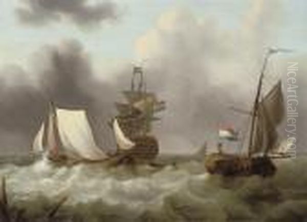 Dutch Shipping In A Heavy Swell Off The Coast Oil Painting by Johannes Hermanus Koekkoek Snr