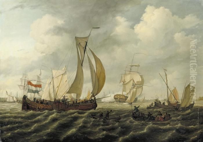 Gesigt Op Amsterdam: 
Sailing-freights On The Ij, With Thewestertoren In The Distance, 
Amsterdam Oil Painting by Johannes Hermanus Koekkoek Snr