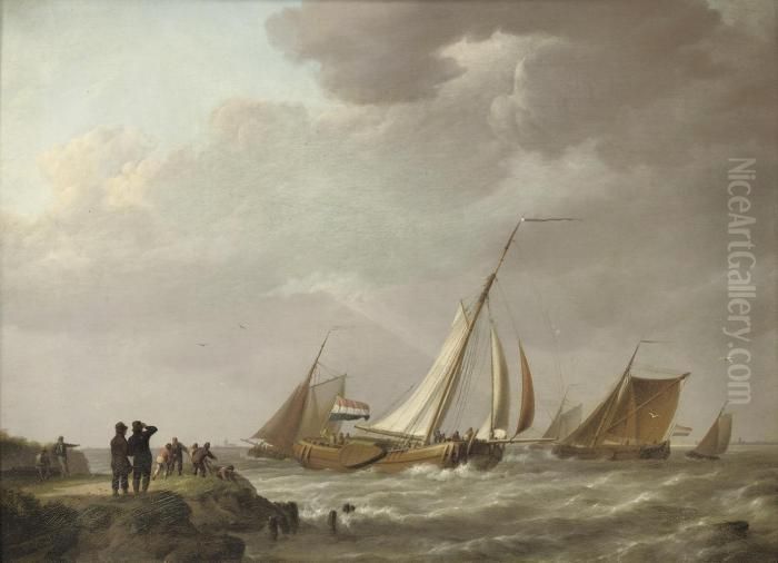 Barges On Choppy Water Oil Painting by Johannes Hermanus Koekkoek Snr
