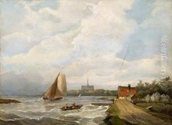 Harbour Scene With Stormy Sea Oil Painting by Johannes Hermanus Koekkoek Snr