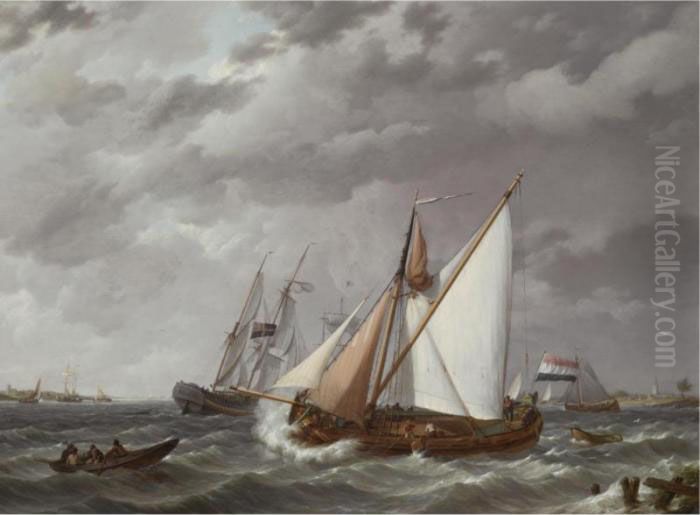 Sailing Boats On A Choppy Sea Oil Painting by Johannes Hermanus Koekkoek Snr