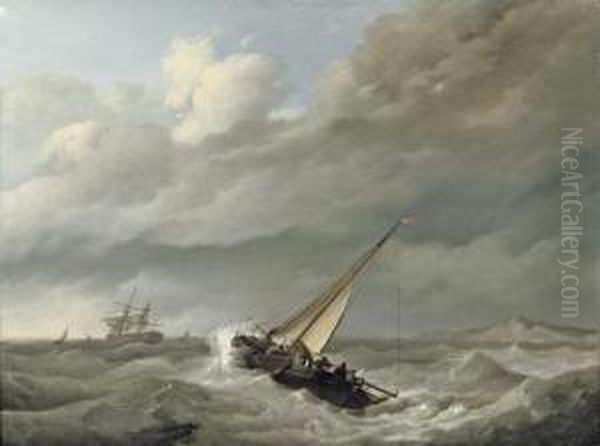 Shipping In Choppy Sea Before A Rocky Coast Oil Painting by Johannes Hermanus Koekkoek Snr
