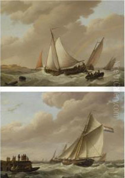 Sailing Ships Approaching The Harbour; Sailing In Choppy Waters (a Pair) Oil Painting by Johannes Hermanus Koekkoek Snr