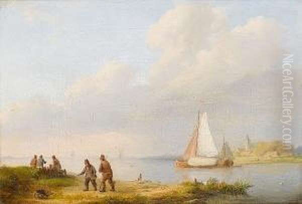 Fishing By The Riverbank Oil Painting by Johannes Hermanus Koekkoek Snr