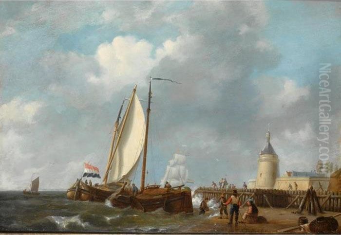 Barges Off A Jetty Oil Painting by Johannes Hermanus Koekkoek Snr