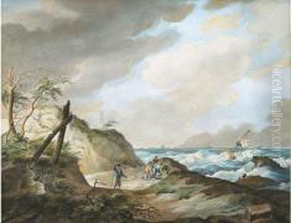 Kustlandschap Met Schipbreuk Oil Painting by Johannes Hermanus Koekkoek Snr