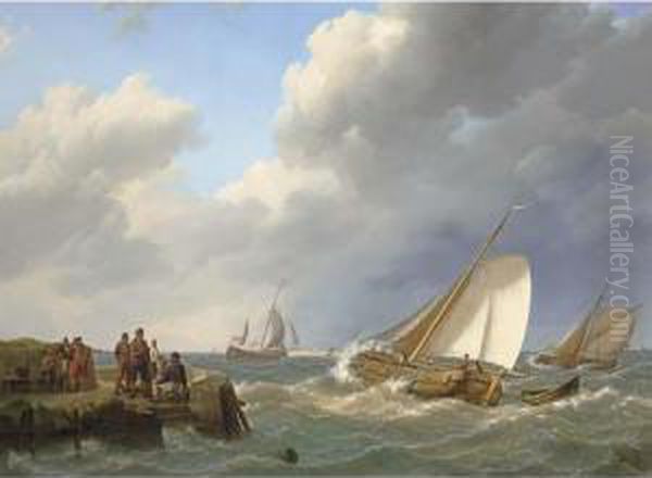 Shipping Off The Coast, Zeeland Oil Painting by Johannes Hermanus Koekkoek Snr