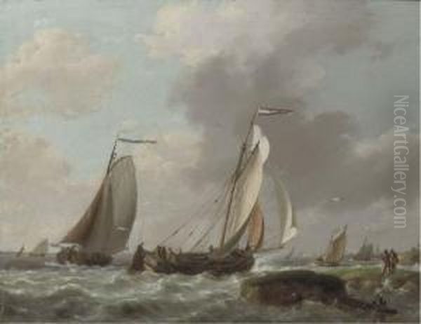 Shipping By A Coast In A Brisk Wind Oil Painting by Johannes Hermanus Koekkoek Snr