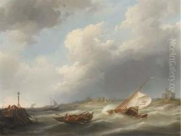 Caught In A Stiff Breeze Oil Painting by Johannes Hermanus Koekkoek Snr