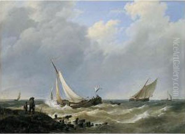 Boats In Stormy Seas Oil Painting by Johannes Hermanus Koekkoek Snr