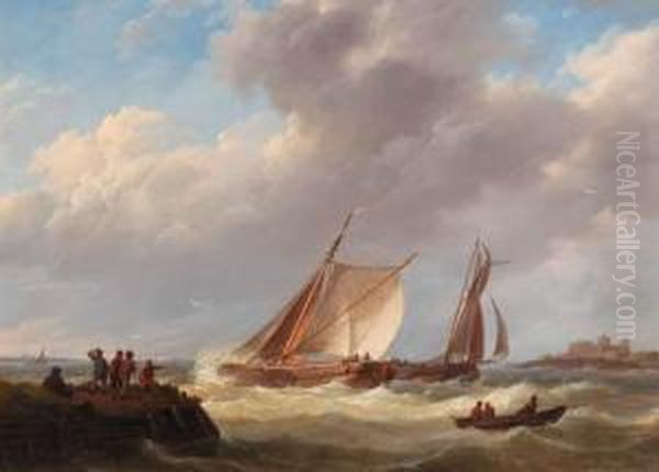 Fishermen On A Jetty Overlooking A River Estuary, A Castlebeyond Oil Painting by Johannes Hermanus Koekkoek Snr