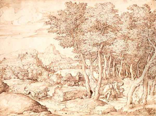 An extensive mountainous landscape with Cephalus and Procris Oil Painting by Domenico Campagnola
