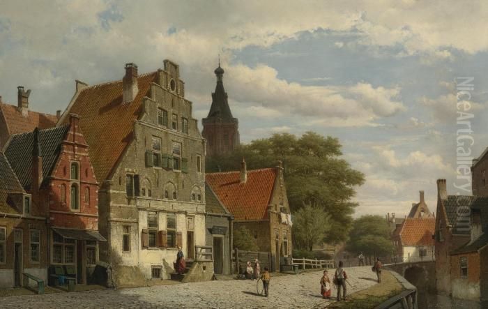 Children And Travellers Along The Canal Oil Painting by Willem Koekkoek