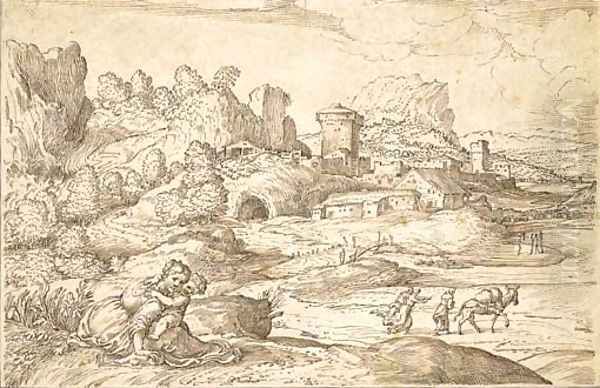 An extensive landscape with a fortified town, a mother and child in the foreground Oil Painting by Domenico Campagnola