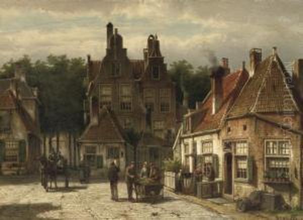 Villagers On A Sunny Square In Summer Oil Painting by Willem Koekkoek