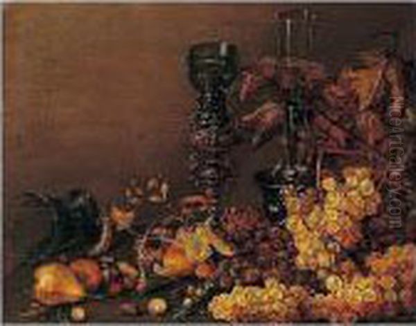 Still Life Of Red And White 
Grapes, Pears, Cherries, Hazelnuts And Peas, Together With A 
Facon-de-venise Wine Glass, An Upturned Roemer And A Roemer On An 
Elaborate Gilt Stand Oil Painting by Roloef Koets
