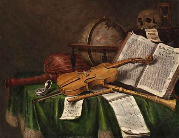 Vanitas still lifewith an astrological globe, a violin, a skull, an hourglass, an open book, a score, a watch, a lute and other musical instruments Oil Painting by Edwaert Collier