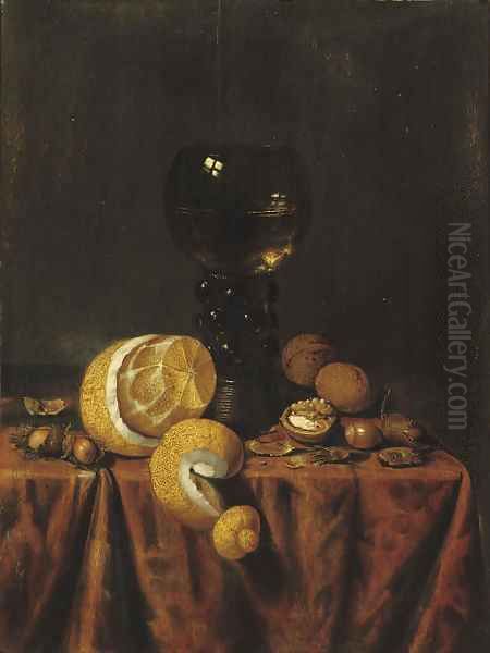 A 'Roemer' of white wine, a partially peeled lemon, walnuts and hazelnuts, all on a draped table Oil Painting by Edwaert Collier