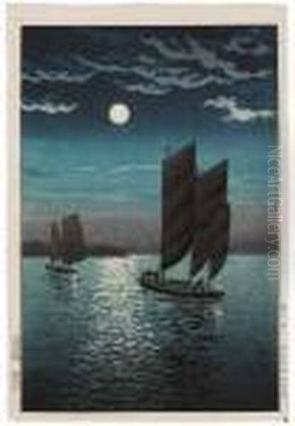 Segelboote Fahren Bei Nacht. Der
 Vollmond Am Himmel. Bez.: Koitsu. Siegel: Shin. Verlag: Doi. 
Plattenschneider: Harada. Drucker: Ito. Datum: Showa 10 Oil Painting by Tsuchiya Koitsu