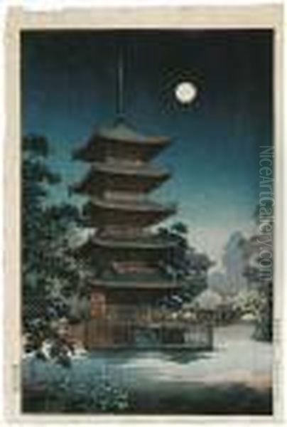 Auf Die Pagode Des 
Kinryuzan-tempels In Einer Vollmondnacht. Im Hintergrund Schattenhaft 
Die Grose Tempelglocke. Bez.: Koitsu. Siegel: Shin. Verlag: Hangen 
Tokyodo. Datum: Showa 13 Oil Painting by Tsuchiya Koitsu