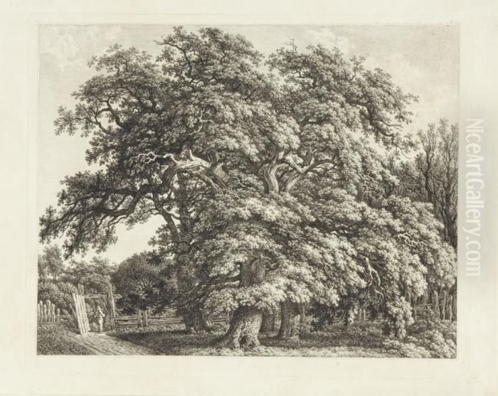 Vier Eichen Vor Einem Holzzaun Oil Painting by Carl Wilhelm Kolbe