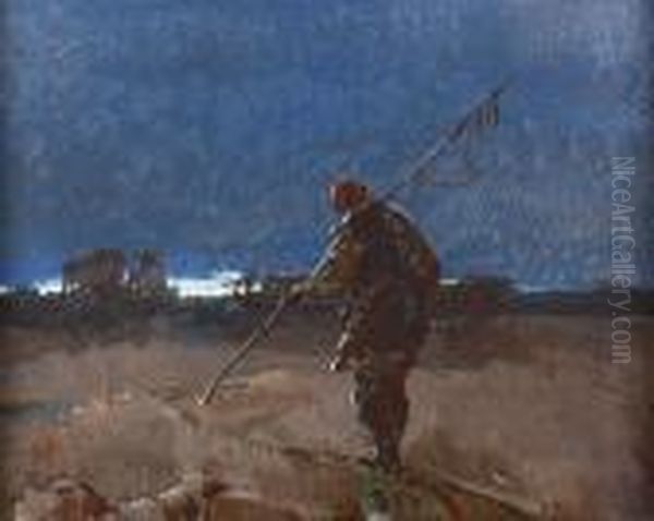 Stimmungsvolle Abendliche Landschaft Mit Fischer. Oil Painting by Sergej Michaijlovic Kolesnikov