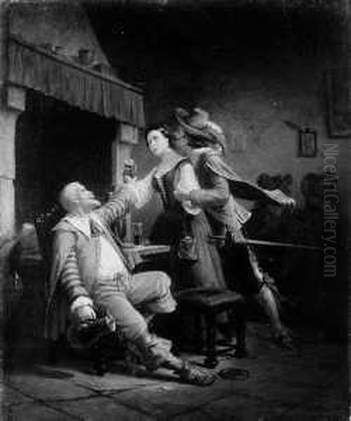 Wirtshausszene. Zwei Kavaliere 
Im Kostum Des 17. Jahrhunderts Eine Junge Frau Bedrangend. Signiert Und 
Datiert Unten Rechts: W. Koller 1855. Ol Auf Leinwand (doubliert). H 55;
 B 46 Cm. Oil Painting by Wilhelm Koller