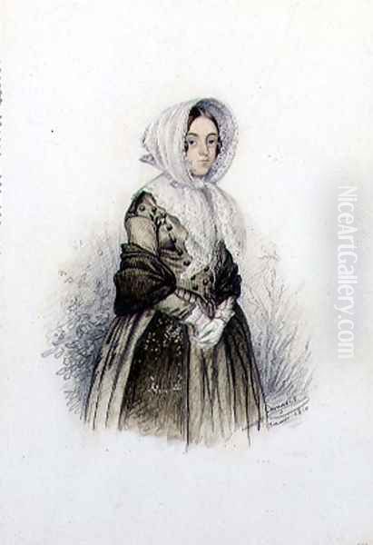 Portrait of a Young lady in a Bonnet with White Gloves, 1840 Oil Painting by F. Camaret