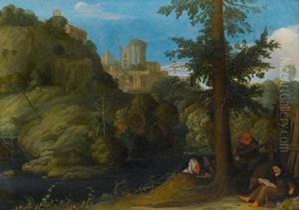A Hermit With Two Travellers In A Woodedlandscape Oil Painting by Johann Konig