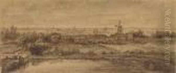 An Extensive Landscape With A 
Lake In The Foreground, A Mill In Themiddle Distance And A Town Beyond Oil Painting by Philips Koninck