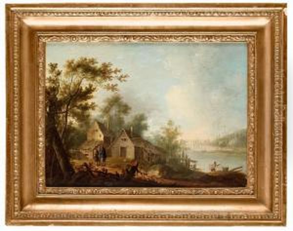 Flodlandskap Med Fiskare Och Samtalande Bonder Oil Painting by Johan Philip Korn