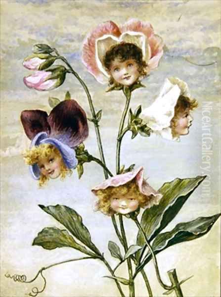 Geranium and Sweet Pea Flower Children a pair Oil Painting by Rebecca Coleman