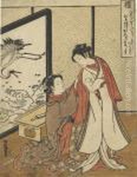 Rei
 [etiquette], A Maid Placing A Mantle On The Shoulders Of A Beauty In An Interior, Signed Oil Painting by Isoda Koryusai