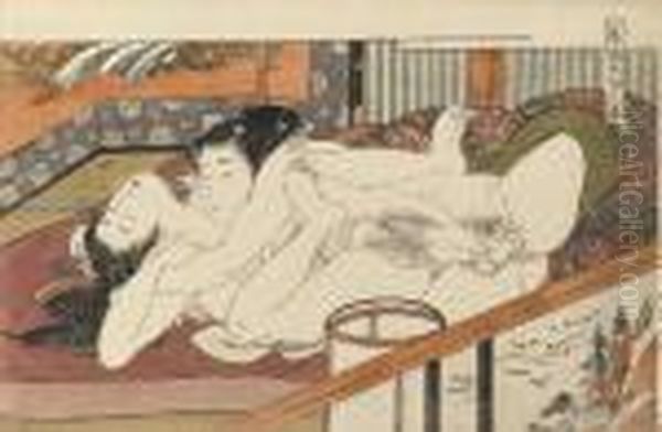 An Oban Print Showing A Young 
Man Penetrating His Ecstatic Partner On A Futon, From The Series Shikido
 Torikumi Juniban (twelve Holds Of Love), Fine Impression, Colour And 
Condition Oil Painting by Isoda Koryusai