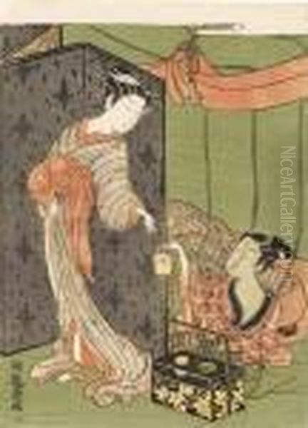 A Young Man Lying Under A 
Mosquito Net Hands A Charcoal-holder To A Girl Standing Behind A Folding
 Screen, Signed Oil Painting by Isoda Koryusai