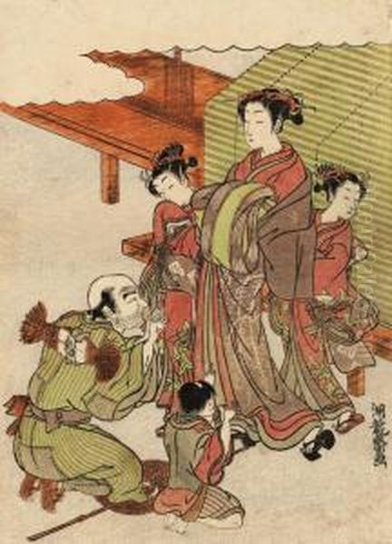A Design Of A Courtesan 
Acccompanied By Her Two Kamuro, An Elderly Beggar And A Young Boy Kneel 
In Front Of Her, Signed Koryusai Ga, Very Good Impression, Colours And 
Condition; And Another Design Of Two Young Girls Walking With A Dog, 
Signed Kory Oil Painting by Isoda Koryusai